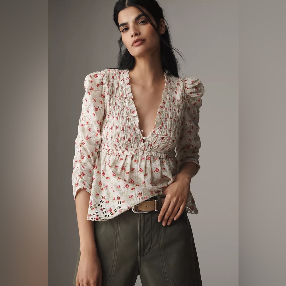 By Anthropologie Ruched-Sleeve Smocked Blouse